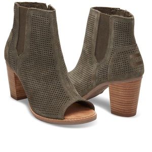 TOMS Olive Perforated Suede Peep Toe Booties 7.5